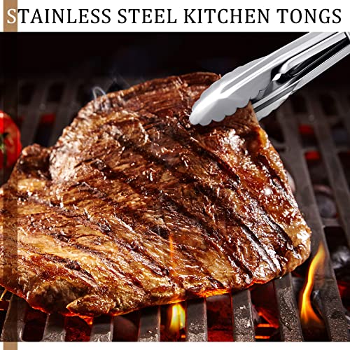 Meanplan 50 Pcs Small Stainless Steel Kitchen Tongs 7 Inch Food Serving Tongs Metal Cooking Clips High Heat Resistant Clips with Sliding Rings for Buffet Food Cooking Salad Grilling, Silver