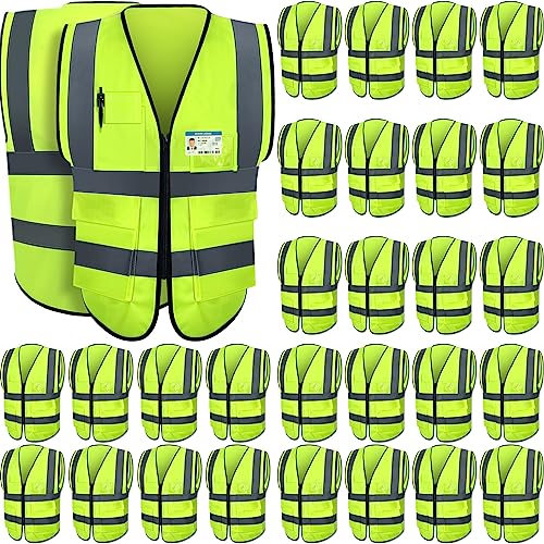 Leumoi 30 Pack Reflective Safety Vest with Pockets - color: Fluorescent Green, size: Large