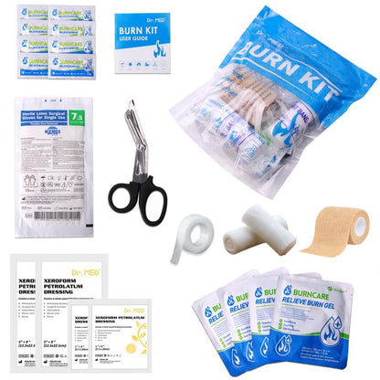 Dr.Med Burn Kit, 4pcs Burn Dressings 4x4”, 8pcs Burn Gel 3.5g, 4pcs Non-Adherent Xeroform Petrolatum Gauze, Burn First Aid Cooling Soothing Cream with Bandage, Latex Surgical Gloves, Scissors, Tape