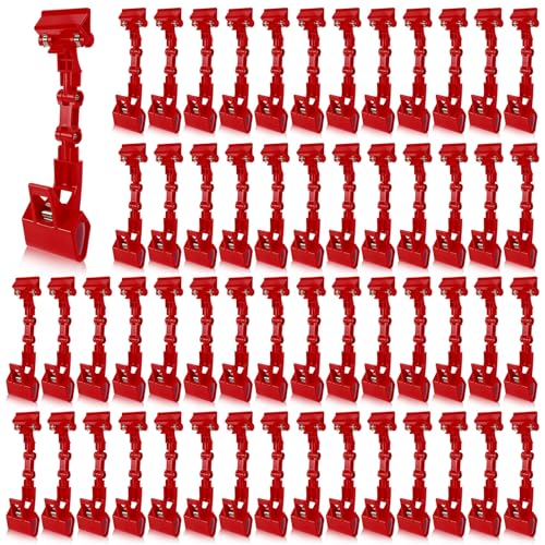 Honeydak Red 50 Pcs Sign Holder Clips Bulk for Grocery Retail Display Plastic Shelf Price Sign Clamps Double Sided Swivel Holder with Antislip Padding Rotatable Merchandising Clips for Store - color: Red