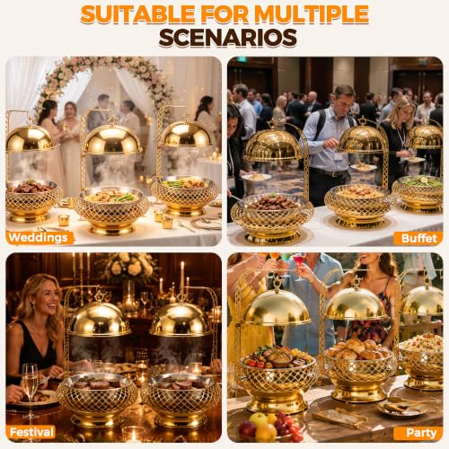 8QT Gold Chafing Dish Buffet Set with Hanging Lid, Luxury Stainless Steel Food Warmer, Elegant Hollow-Out Design Catering Server for Weddings, Parties, Hotel, Banquets, Christmas & Home Entertaining - color: Gold02