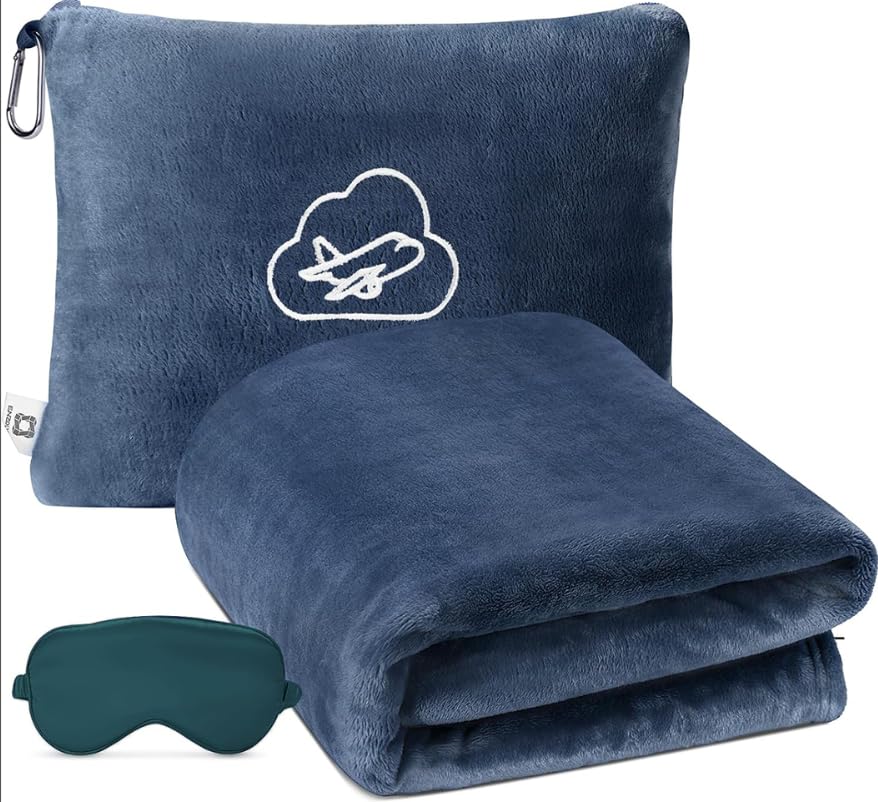 Travel Blanket, Airplane Blanket, Ultra-Soft, Warm & Lightweight, 65x40 in, Outdoor Blanket Essentials for Women, Men & Kids, Included Eye Mask, Luggage Sleeve & Backpack Clip Dusty Blue - color: Dusty Blue