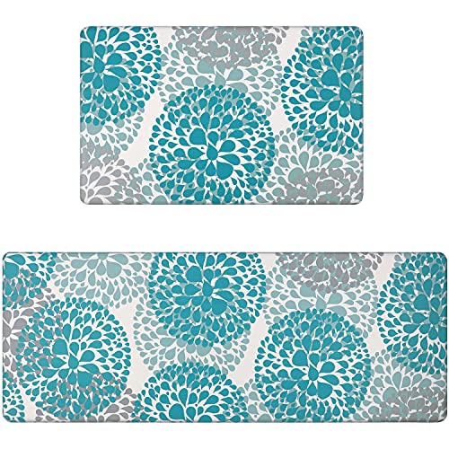 Homcomoda Kitchen Rugs Set Anti Fatigue Kitchen Floor Mat Easy to Clean 2Piece Non Slip Comfort PVC Leather Heavy Duty Standing Mats Indoor Outdoor(17.3"×28" and 17.3"×47") - color: Teal, size: 17.3"x28"+17.3"x47"/0.4inch
