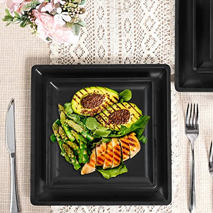 12 Piece Melamine Plates and Bowls Sets，Black Square Dinnerware Set for 4 - color: Pure Black