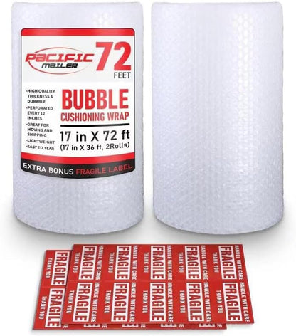 Bubble Cushioning Wrap Pacific Mailer 5/16 Inch x 17 Inch x 72Feet Total [2 Rolls of 36 Feet] Bubble Cushioning Wrap for Packing Moving Supplies Perforated Every 12" - size: 2 Rolls of 17in x 5/16in x 36ft (Total 72ft)