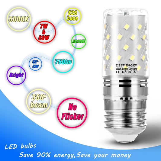 E26 60W Replacement LED Candelabra Corn Bulbs 7W 6000K Daylight, 4 Pack
