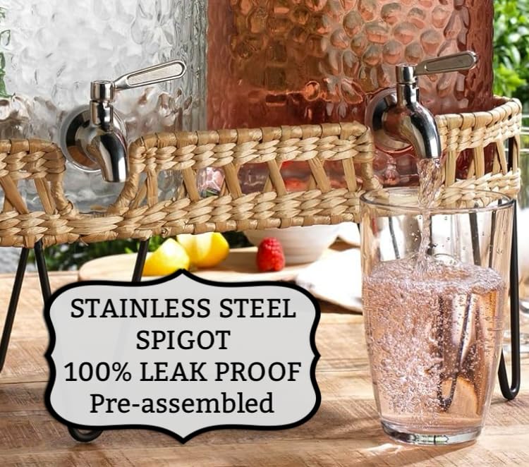 1.5 Gallon Glass Drink Dispenser for Parties 3 PACK Beverage Dispensers with Stand, Glass Water Jug Dispenser, with 18/8 Stainless Steel Spigot, Great for Party, Wedding, Picnic, BBQ Wicker Design - color: Clear - 1.5 Gallon 3 Pack