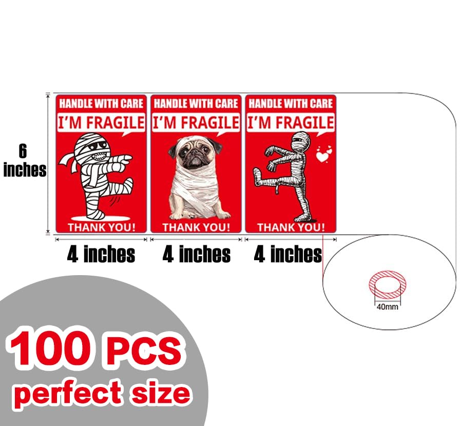 4x6 Inch Large Fragile Stickers 100pcs - Funny Mummy & Dog Design, Permanent Adhesive, Handle with Care Labels for Shipping Boxes - style: Large Fragile Stickers
