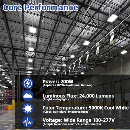 200W LED Linear High Bay Shop Light, 24000LM High Bay Led Shop Lights, 5000K Linear Hanging Shop Light, 600W-800W HPS Eqv., 100-277V Commercial Hanging Lamp for Garage Warehouse