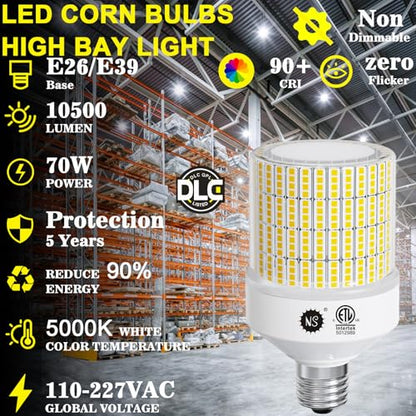 NS 700W Equivalent 10500LM Corn Bulbs (1-Set) - 90% Energy Saving, IP65 Waterproof, 70W E26/E39, 5000K Daylight, Warehouse Light, ETL/FCC/ROHS/CE Certified, Not Dimmable
