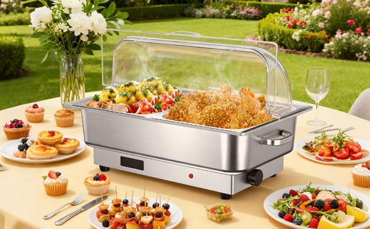9 Qt Electric Chafing Dish Buffet Set, Stainless Steel Food Warmer with Roll Top Clear Lid, Adjustable Temperature Control, 1x1/1 and 2x2/1Size Pans, Commercial Buffet Server for Parties & Events - size: 1x1/1 and 2x2/1 Size Pan