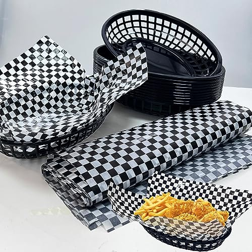 Rainmae Plastic Food Baskets with Parchment Paper Liners, 12 Fast Food Baskets with 120 Deli Paper Sheets, Bread Basket, Candy Fruits basket, Fast Food Baskets, Restaurant Baskets for Food-Retro Style - color: Black(12 Pcs+120 Deli Paper）