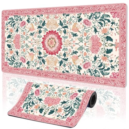 Pink Floral Large Gaming Mouse Pad with Stitched Edges,35.7" X 15.7" Thicken 3mm Extended Computer Office Desk Mat Pad,Gaming Mousepad Protector Non-Slip Rubber Base,Keyboard Mat Pink Desk Accessories - color: Classical Print