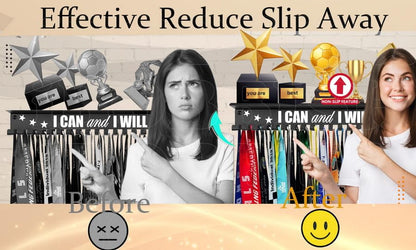 iBobbish Metal Medal Hanger Display,Non-Slip Trophy Shelf with 20 Hooks,Wall Mount,Heavy Duty,Non-Bent,Holds 22-33lbs,for Gymnastics,Race,Soccer,Swim - color: Black, style: NON-SLIP I CAN and I WILL