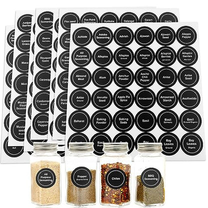 Spice Labels, 432Pcs Spice Labels Stickers 1.4in Waterproof Adhesive Round Preprinted Spice with Blank Label Black Tear Resistant Sticker for Kitchen Jars Caps Food Containers Spice Organizers - color: Black