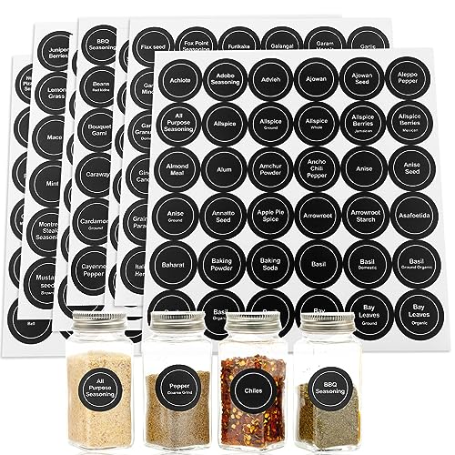 Spice Labels, 432Pcs Spice Labels Stickers 1.4in Waterproof Adhesive Round Preprinted Spice with Blank Label Black Tear Resistant Sticker for Kitchen Jars Caps Food Containers Spice Organizers - color: Black