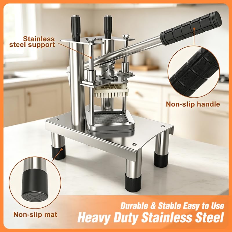 French Fry Cutter, Commercial Vegetable Chopper Potato Cutter with 3 Stainless Steel Blades (1/4", 3/8", 1/2"), Non-Slip Suction Base, Great for Potato, Carrot, Cucumber, Air Fryer & Restaurant Prep