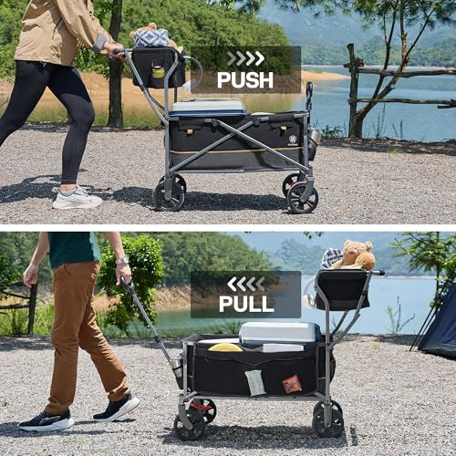 EVER ADVANCED Collapsible Push & Pull Shopping Cart with Wheels & Brakes, Foldable Wagon for Groceries with Practical Basket, Side Pockets & Cup Holders, Beach Utility Rolling Cart for Camping, Black - color: Black