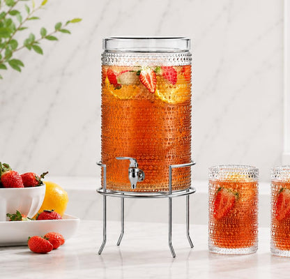2 Gallon Glass Drink Dispenser, hobnail Drink Dispensers for Parties, Beverage Dispenser with Stand and Glass Lid, 100% Leakproof Spigot, Ideal for Lemonade, Juice, - color: Hobnail Clear-2 Gallon