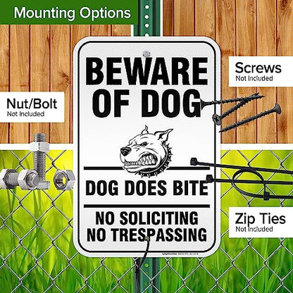 Beware of Dog, Dog Does Bite No Soliciting No Trespassing Sign, 12x18 - size: 12x18 - Aluminum Reflective