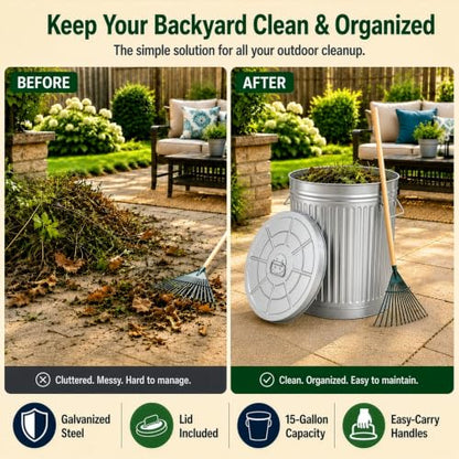 Gardenised Round Galvanized Steel 15 Gallon Trash Can with Lid and Handles Durable Metal Storage Bucket for Backyard Lawn Garden and Yard Use Weather-Resistant Garbage Can for Indoor and Outdoor - size: 15 Gallons
