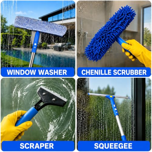 Window Cleaning Kit - 3 Gal Bucket, 15" Microfiber Scrubber & Chenille Sleeve, 14" Squeegee with 79" Extension Pole, Metal Scraper, Indoor & Outdoor Window Tools for Home & Commercial Use