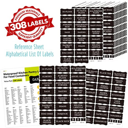 Hebayy 308 Pantry Food Labels, 280 Preprinted Flour Pasta Lentil Grain Condiment Oil Stickers, 28 Blank Ones, Waterproof Oil&Tear Resistant, No Residue for Kitchen Containers Jars(White on Black) - style: Style 4