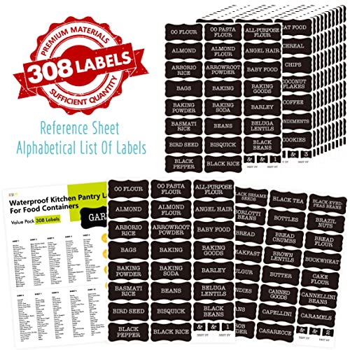 Hebayy 308 Pantry Food Labels, 280 Preprinted Flour Pasta Lentil Grain Condiment Oil Stickers, 28 Blank Ones, Waterproof Oil&Tear Resistant, No Residue for Kitchen Containers Jars(White on Black) - style: Style 4