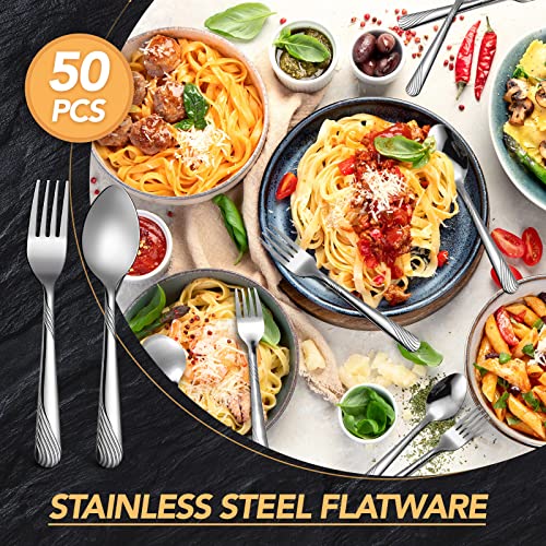 Minatee Forks and Spoons Silverware Set Stainless Steel, 50 Pcs, Stripe - style: Stripe