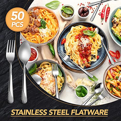 Minatee Forks and Spoons Silverware Set Stainless Steel, 50 Pcs, Stripe - style: Stripe