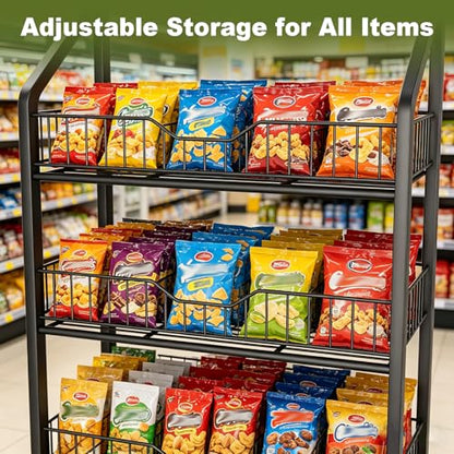 5 Tier Retail Display Racks, Freestanding Snack Rack Display Stand with 15 Hooks & 4 Wheels, Metal Snack Shelf Organizer for Supermarket Retail Store Commercial Kitchen Office, Black - size: 5Tier/10.63"D X 23.62"W X 64.96"H