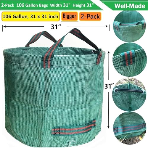 Professional 2-Pack 106 Gallon Large Lawn Garden Bags (D31,H31 inch) Yard Waste Bag with Gardening Gloves for Big Leaf Bag,Yard Debris,Garden Trash Container,Lawn Grass Clippings,Weeds Bags 4 Handles