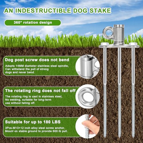 iklekione Dog Tie Out Stake, 304 Stainless Steel Outdoor Anti-Rust Dog Run
