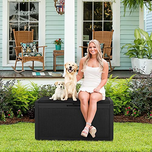 Devoko 100 Gallon Resin Waterproof Outdoor Storage Box with Cushion - color: Black, size: 100 Gallon with Cushion