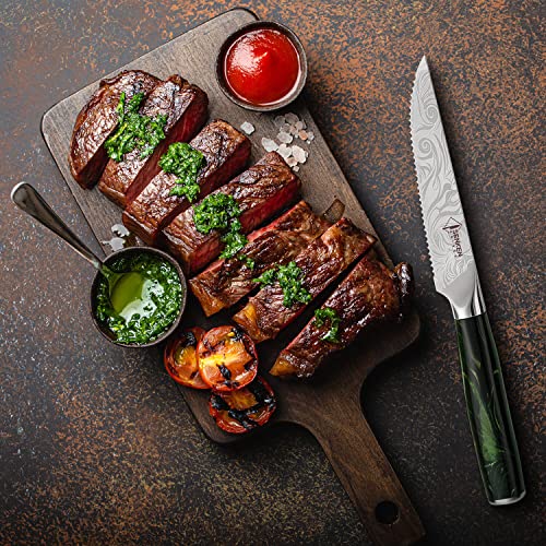 SENKEN Engraved Japanese Kitchen Knife Set with Beautiful Green Resin Wood Handles - Wasabi Collection - Chef's Knife, Bread, Cleaver, Paring, & More (16-Piece Knife Block Set) - size: 16-Piece Knife Block Set