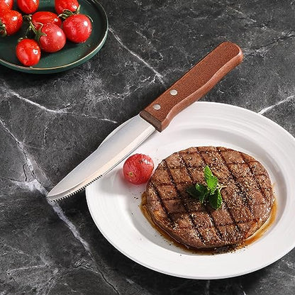 New Star Foodservice 10 Inch Steak Knife Set of 12, Jumbo Serrated Stainless Steel Knives with 5 Inch Rounded Blades and Wood Handles