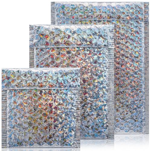 50 Pieces Holographic Bubble Mailers 3 Sizes - color: Glitter Silver