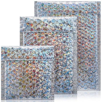 50 Pieces Holographic Bubble Mailers 3 Sizes - color: Glitter Silver