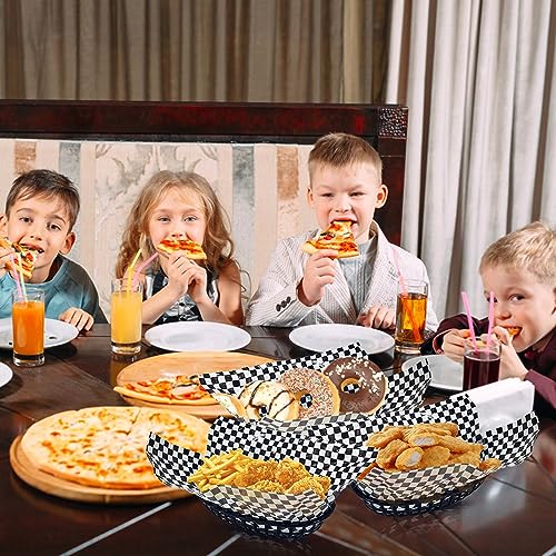 Rainmae Plastic Food Baskets with Parchment Paper Liners, 12 Fast Food Baskets with 120 Deli Paper Sheets, Bread Basket, Candy Fruits basket, Fast Food Baskets, Restaurant Baskets for Food-Retro Style - color: Black(12 Pcs+120 Deli Paper）
