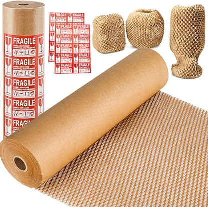 Honeycomb Packing Paper, 15"x300' Eco Friendly Packing Materials for Shipping Breakable Recyclable Moving Supplies Paper Bubble Wrap Sheets Roll with 20 Fragile Sticker Labels - size: 15"x300'