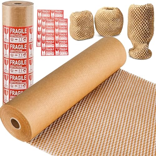 Honeycomb Packing Paper, 15"x300' Eco Friendly Packing Materials for Shipping Breakable Recyclable Moving Supplies Paper Bubble Wrap Sheets Roll with 20 Fragile Sticker Labels - size: 15"x300'