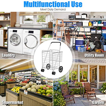 S AFSTAR Folding Shopping Cart, Metal Grocery Cart w/Extra Basket & 360° Swivel Wheels & Non-Slip Handle, Heavy Duty Utility Cart for Grocery Laundry Book Luggage (Silver) - color: Silver