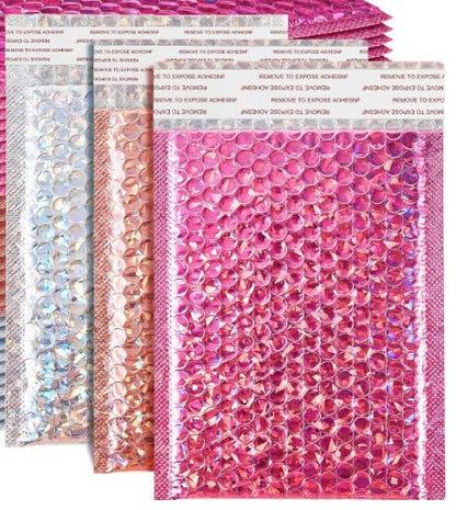 60 Pcs Small Bubble Mailers Cute Holographic Padded Envelopes, 6 x 9.5 Inch Self Seal Waterproof Shipping Bags for Jewelry Makeup Accessories Small Business (Silver Pink Rose Pink)