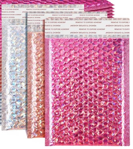 60 Pcs Small Bubble Mailers Cute Holographic Padded Envelopes, 6 x 9.5 Inch Self Seal Waterproof Shipping Bags for Jewelry Makeup Accessories Small Business (Silver Pink Rose Pink)