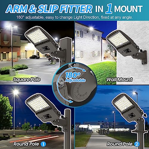 AKK LED Parking Lot Light 200W 180W 150W Adjustable, 32000LM 160LM/W 5000K, Dimmable Shoebox Area Light with Photocell, IP65 ETL 100-277V Arm & Slip Fitter Mount for Driveways, Warehouses & Streets - size: 200W/180W/150W Switchable