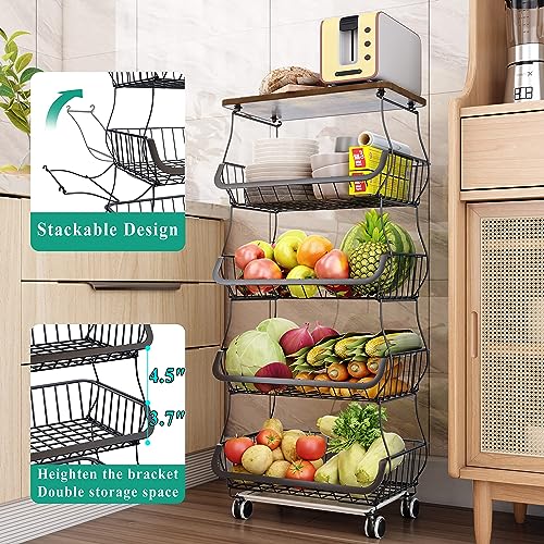 SAYZH 5-Tier Fruit and Vegetable Basket Stand for Kitchen, Wood Top, Black - color: Black, size: 5 Tiers
