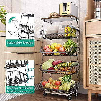 SAYZH 5-Tier Fruit and Vegetable Basket Stand for Kitchen, Wood Top, Black - color: Black, size: 5 Tiers