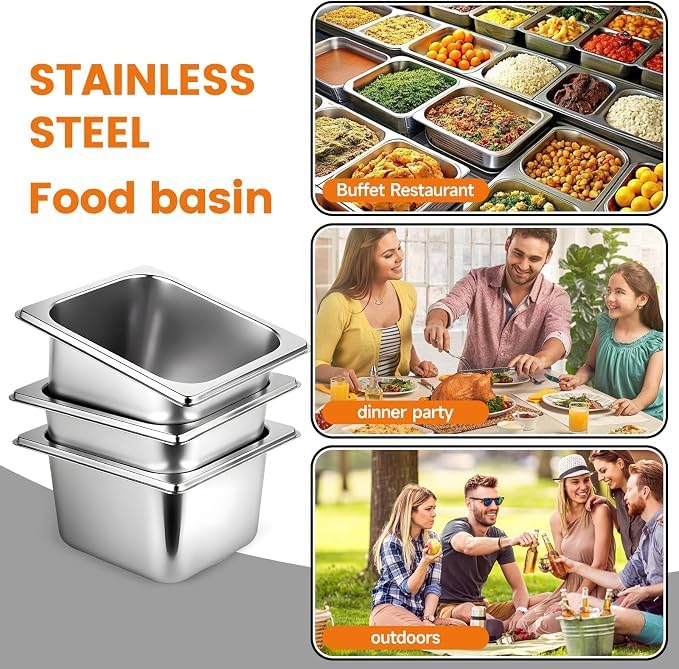 KUK 6 Packs Stainless Steel Hotel Pans with Lids 1/4 Size x 6" Deep Steam Table Commercial Food Storage Containers Stackable Metal Steamer Anti-Jam Restaurant Warm Pans