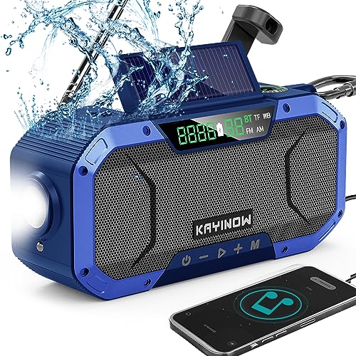 KAYINOW Emergency NOAA Weather Radio, Solar Hand Crank FM AM Radio with Bluetooth Speaker, 5000mAh/18500mWh Battery Powered, Flashlight, IPX5 Waterproof, SOS Alarm for Survival Hurricane Camping - color: Blue