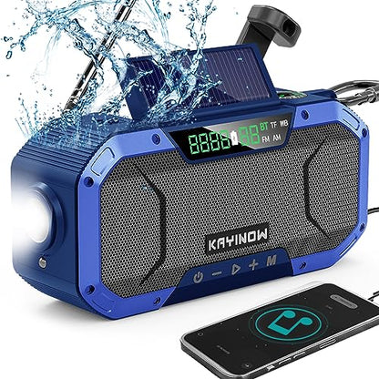 KAYINOW Emergency NOAA Weather Radio, Solar Hand Crank FM AM Radio with Bluetooth Speaker, 5000mAh/18500mWh Battery Powered, Flashlight, IPX5 Waterproof, SOS Alarm for Survival Hurricane Camping - color: Blue